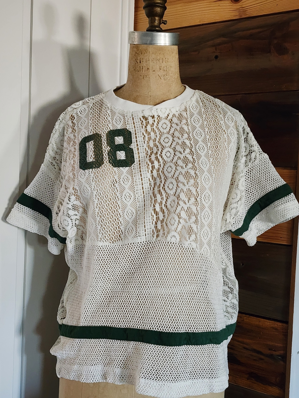 Women’s White Lace Short Sleeve Tee with Green Trim and 08 Detail